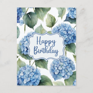 Cartão Postal Feliz Aniversário Flores de Hortênsia Azul Aquarel