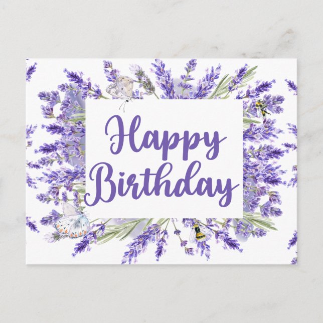Cartão Postal Feliz Aniversário Flores de Lavanda em Aquarela (Frente)