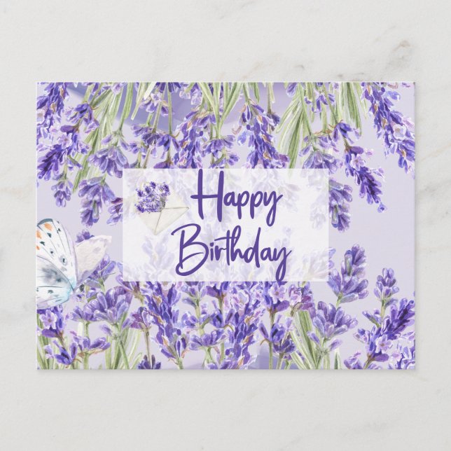 Cartão Postal Feliz Aniversário Flores de Lavanda Roxa (Frente)