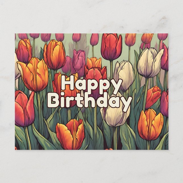 Cartão Postal Feliz Aniversário Flores de Tulipa  (Frente)