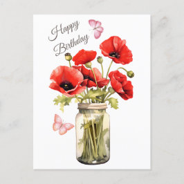 Cartão Postal Feliz Aniversário Flores Papoula Vermelha
