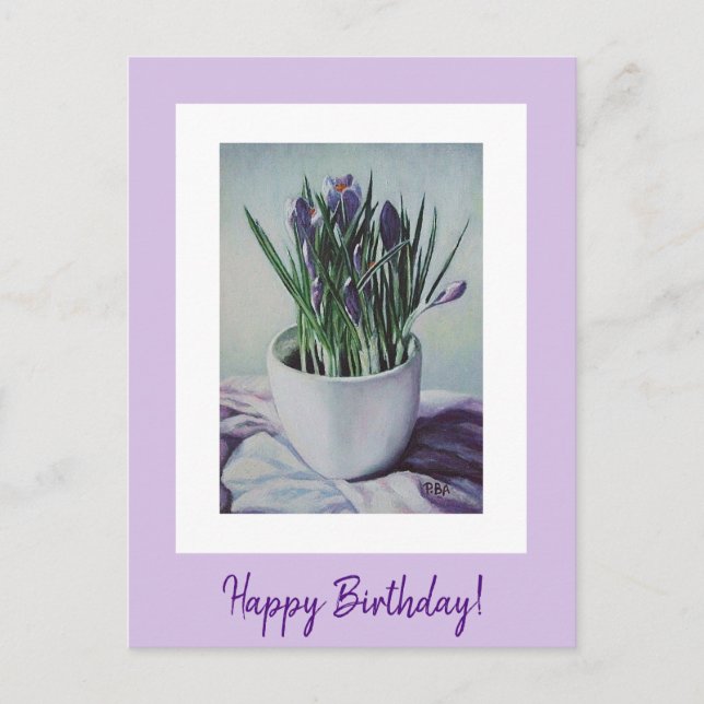 Cartão Postal Feliz aniversário, flores roxas, belas artes Po (Frente)