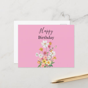 Cartão Postal Feliz Aniversário Flores Silvestres Rosa