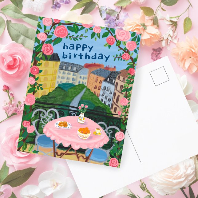 Cartão Postal FELIZ ANIVERSÁRIO Flores Terrace Tea Time Paris (HAPPY BIRTHDAY Flowers Terrace Tea Time Paris Postcard
)