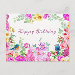 Cartão Postal Feliz Aniversário Flores Vibrantes de Aquarela 