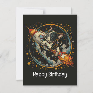Cartão Postal Feliz Aniversário Foguete Bulldog Francês