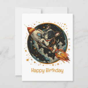 Cartão Postal Feliz Aniversário Foguete Bulldog Francês