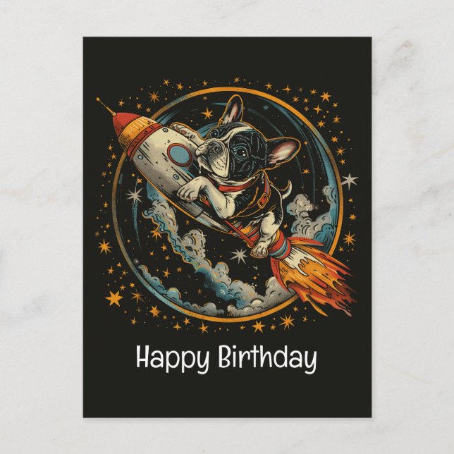 Cartão Postal Feliz Aniversário Foguete Espacial Bulldog Francês (Frente)