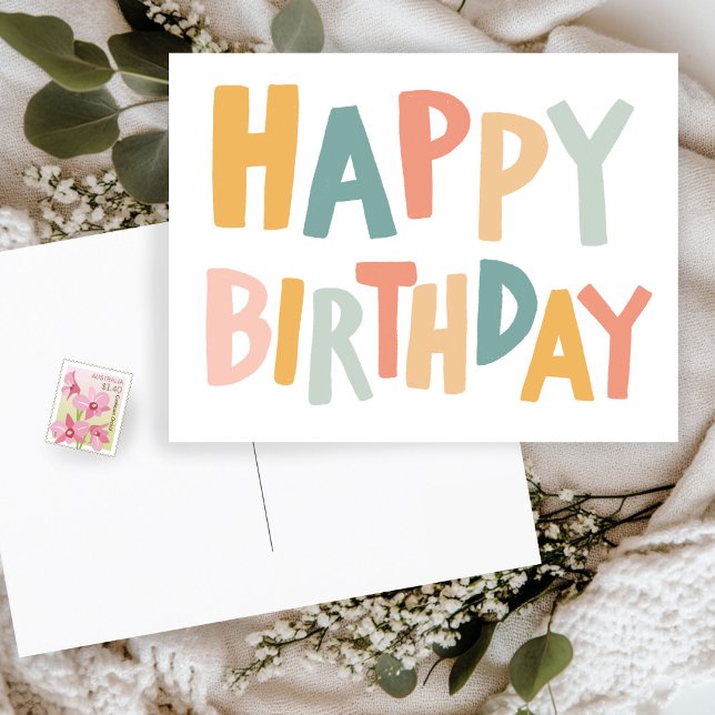 Cartão Postal FELIZ ANIVERSÁRIO - Folha Colorida de Manchas (HAPPY BIRTHDAY Colorful Pastel Handlettering Cute Postcard
)