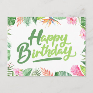 Cartão Postal Feliz Aniversário Folhas Tropicais & Flores de Hib