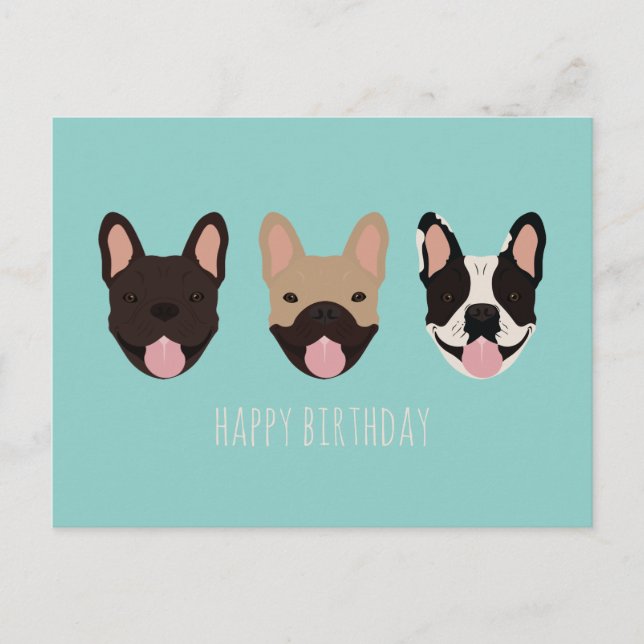 Cartão Postal Feliz Aniversário, Francês Bulldog Teal (Frente)