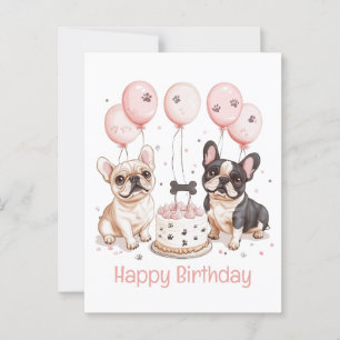 Cartão Postal Feliz Aniversário French Bulldogs Bolo de Aniversá