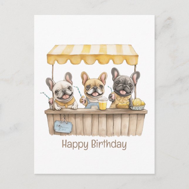 Cartão Postal Feliz Aniversário French Bulldogs Loja de Limonada (Frente)