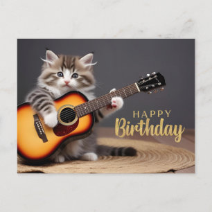 Cartão Postal Feliz Aniversário Gatinho Bonito Jogando Violão