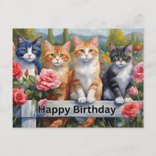 Cartão Postal Feliz Aniversário Gatinhos Fofos no Jardim de Flor
