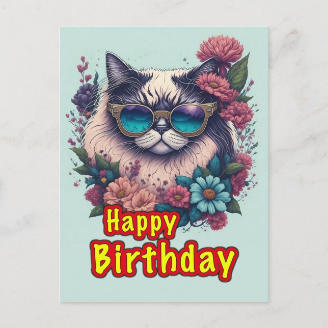 Cartão Postal Feliz Aniversário Gato (Frente)