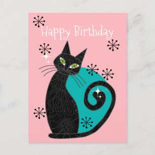 Cartão Postal Feliz Aniversário Gato Atômico Moderno de Meados d