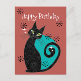 Cartão Postal Feliz Aniversário Gato Atômico Moderno de Meados d