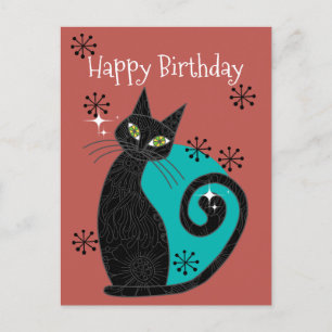 Cartão Postal Feliz Aniversário Gato Atômico Moderno de Meados d