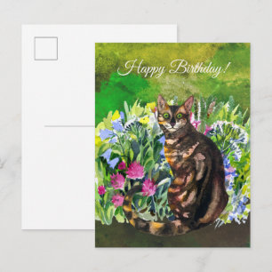 Cartão Postal Feliz Aniversário Gato Bengal com flores