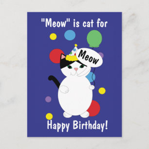 Cartão Postal Feliz Aniversário Gato Colorido Divertido Meow Per