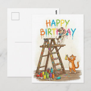 Cartão Postal Feliz Aniversário Gato e Cachorro