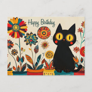 Cartão Postal Feliz Aniversário, Gato Negro Bonito com Flores