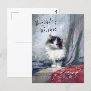 Cartão Postal Feliz Aniversário Gato Pintura a Óleo Vermelho Ci