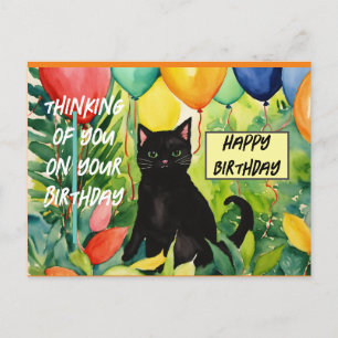 Cartão Postal Feliz aniversário :gato preto abrindo uma festa de