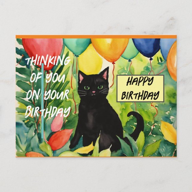 Cartão Postal Feliz aniversário :gato preto abrindo uma festa de (Frente)