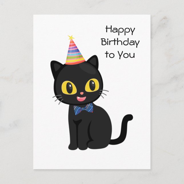 Cartão Postal Feliz Aniversário Gato Preto com Chapéu de Festa  (Frente)