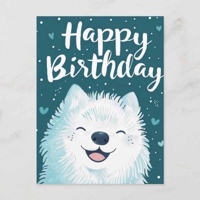 Cartão Postal Feliz Aniversário Gato Samoyed (Frente)