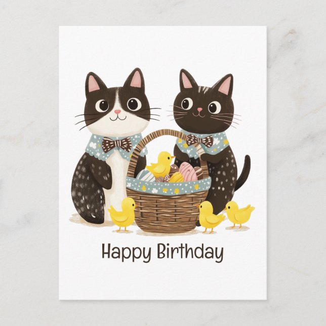 Cartão Postal Feliz Aniversário Gatos de Páscoa Cesta de Páscoa (Frente)