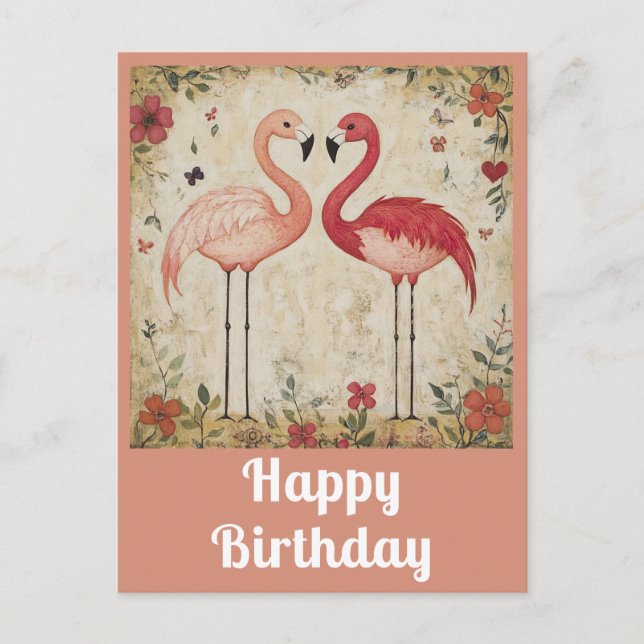 Cartão Postal Feliz Aniversário Gelado Flamingo Cor de Água Rosa (Frente)