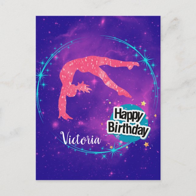 Cartão Postal Feliz Aniversário Ginástica Galáxia Tumbling (Frente)