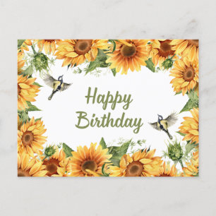 Cartão Postal Feliz Aniversário Girassóis e Pássaros Aquarela 