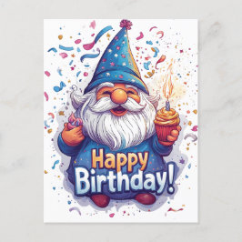 Cartão Postal Feliz Aniversário Gnome: Design Caprichoso de Aniv