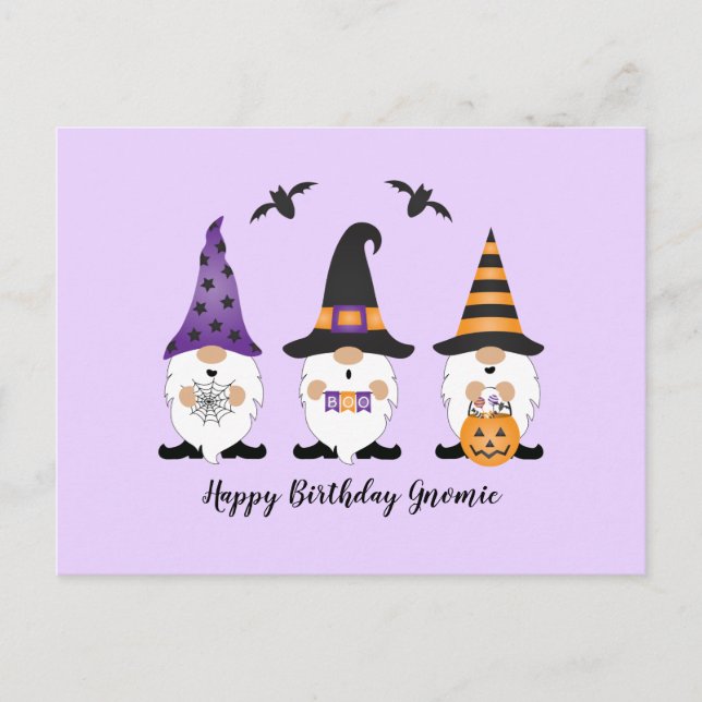 Cartão Postal Feliz aniversário Gnomie Halloween Roxo Laranja (Frente)