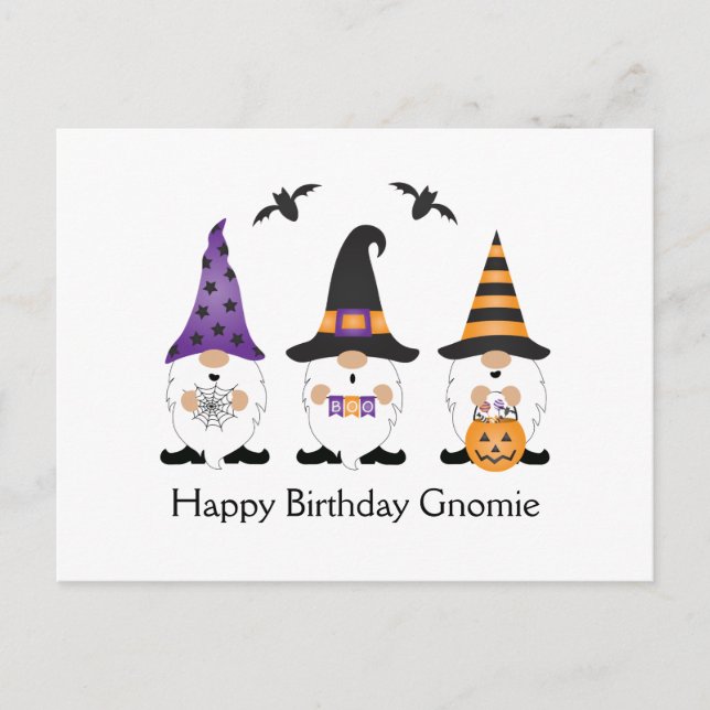 Cartão Postal Feliz aniversário Gnomie Halloween Roxo Laranja (Frente)