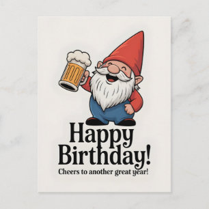 Cartão Postal "Feliz Aniversário" Gnomo Brindando com Cerveja