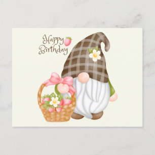 Cartão Postal Feliz Aniversário Gnomo Fofo com Cesta de Morango