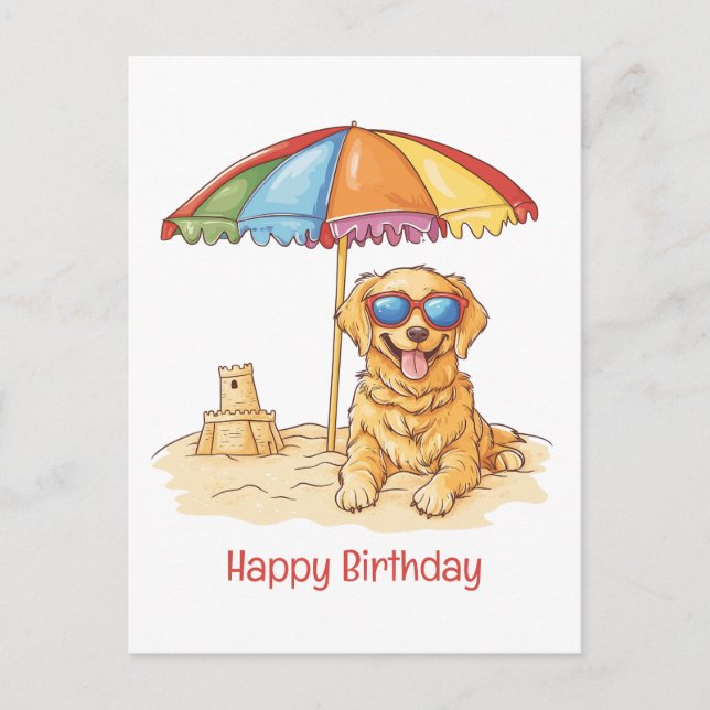 Cartão Postal Feliz Aniversário Golden Retriever Cachorro de Pra (Frente)