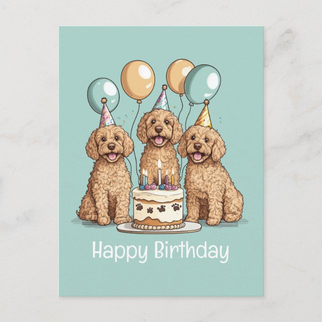 Cartão Postal Feliz Aniversário Goldendoodle Dogs (Frente)