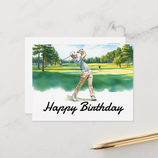 Cartão Postal Feliz Aniversário Golfista de Golfe (Frente/Verso In Situ)