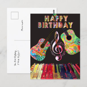 Cartão Postal Feliz Aniversário Guitarra Piano Arco-íris  