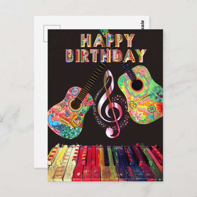 Cartão Postal Feliz Aniversário Guitarra Piano Arco-íris | (Frente/Verso)