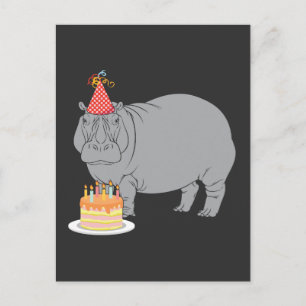 Cartão Postal Feliz Aniversário Hipopótamo Chapéu de Festa de An