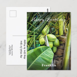 Cartão Postal Feliz Aniversário Homens Coconutos Árvores Costu