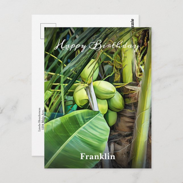Cartão Postal Feliz Aniversário Homens Coqueiros Árvores Tropica (Frente/Verso)