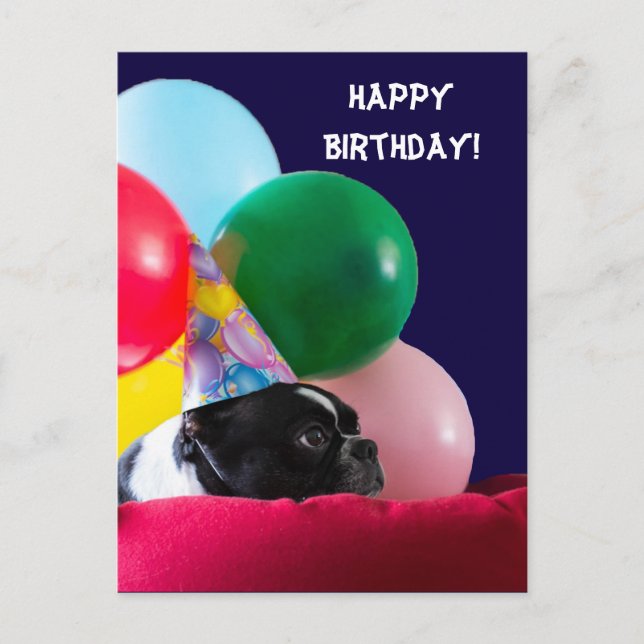 Cartão Postal Feliz Aniversário Humor de Cachorro com Balões (Frente)